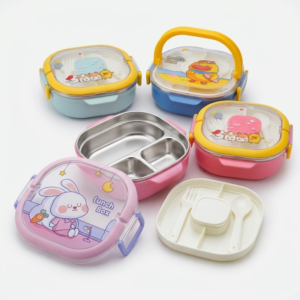 700 ml Paslanmaz Çelik Yemek Kabı, 3 Bölmeli Kilitli Lunch Box, Çatal Kaşık Dahil Renkli Desenli Saklama ve Taşıma Kabı
